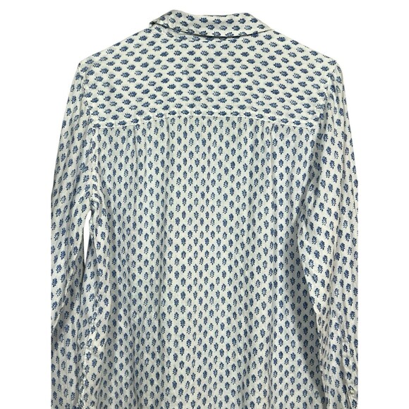 LL Bean Button Up Shirt Womens Medium White Blue Flowers Long Sleeve 100% Linen - Picture 12 of 16